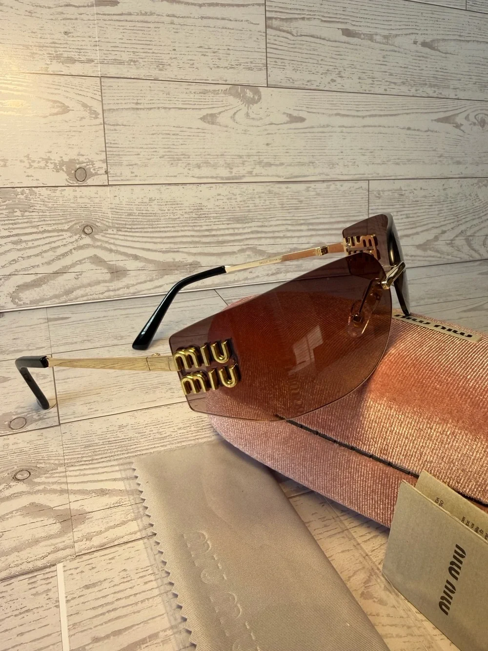 Brown Gradient Rimless Shield Sunglasses with Gold Logo Temples
